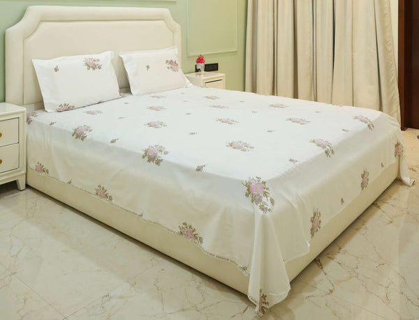Blush Bloom White Floral King Bedsheet Set