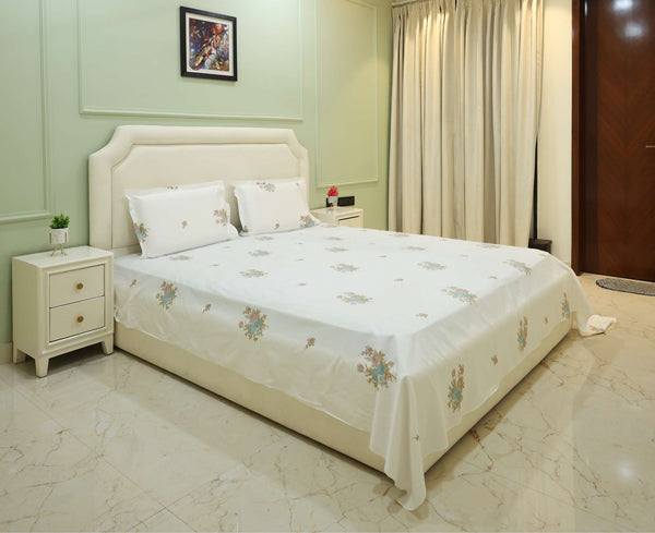 Premium Cotton Floral Embroidered King Size Bedsheet Set – Ivory White