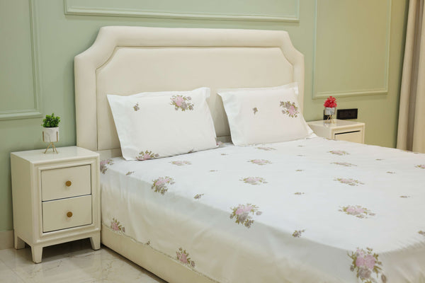 Blush Bloom White Floral King Bedsheet Set